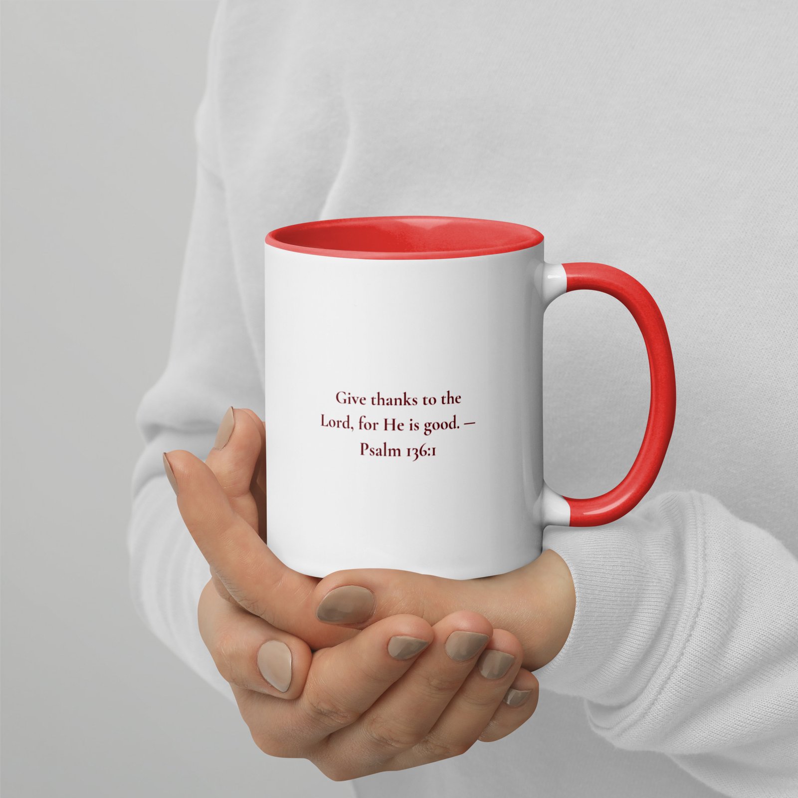 Faith Mug | Psalm 136:1 Scripture Coffee Cup | Red & Gold Christian Gift | Inspirational Bible Verse Mug - Image 2